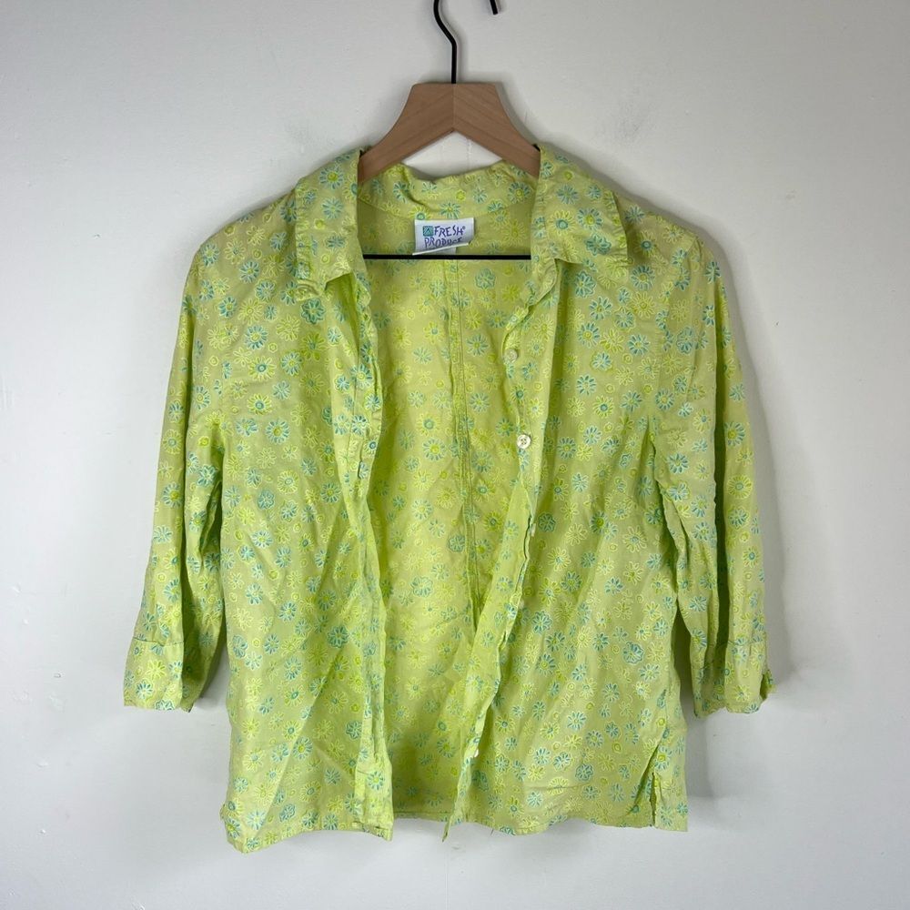Vintage Fresh Produce Lime Floral cotton Button Down Top size Small
